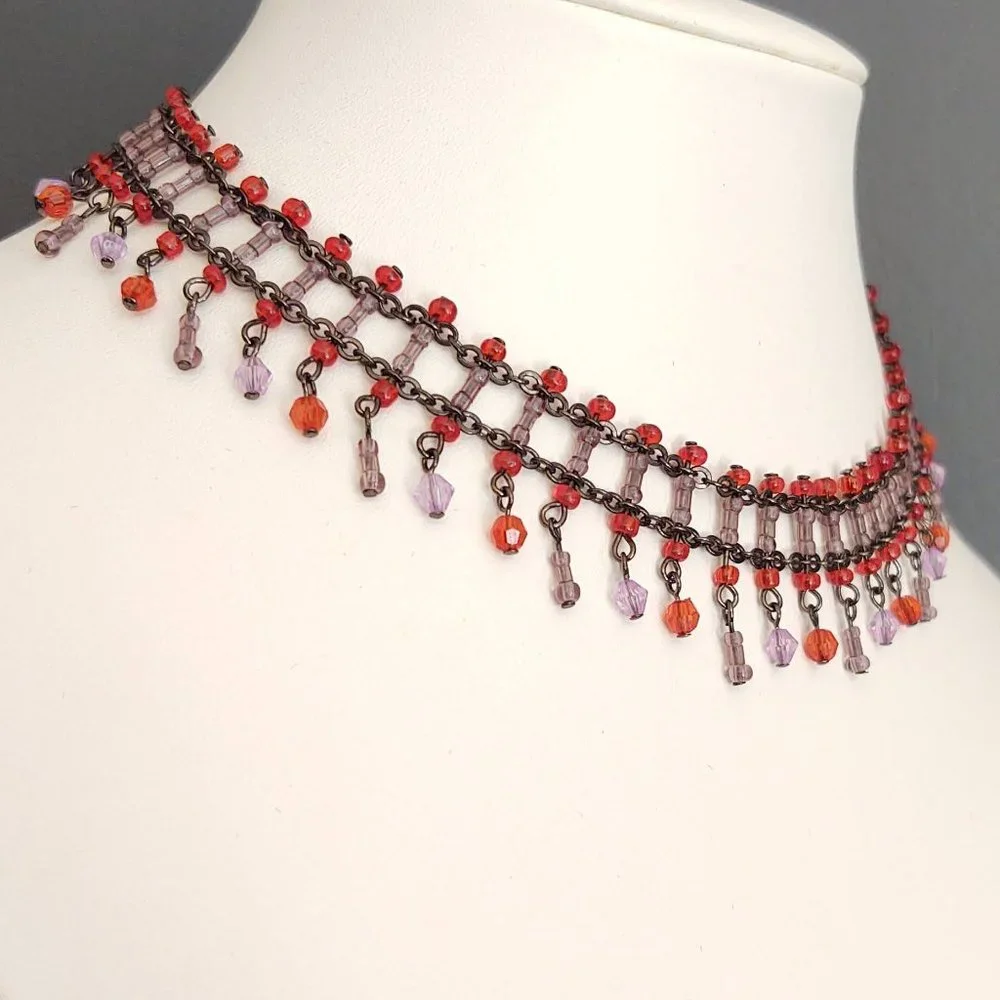 Orange and lavender beaded choker necklace